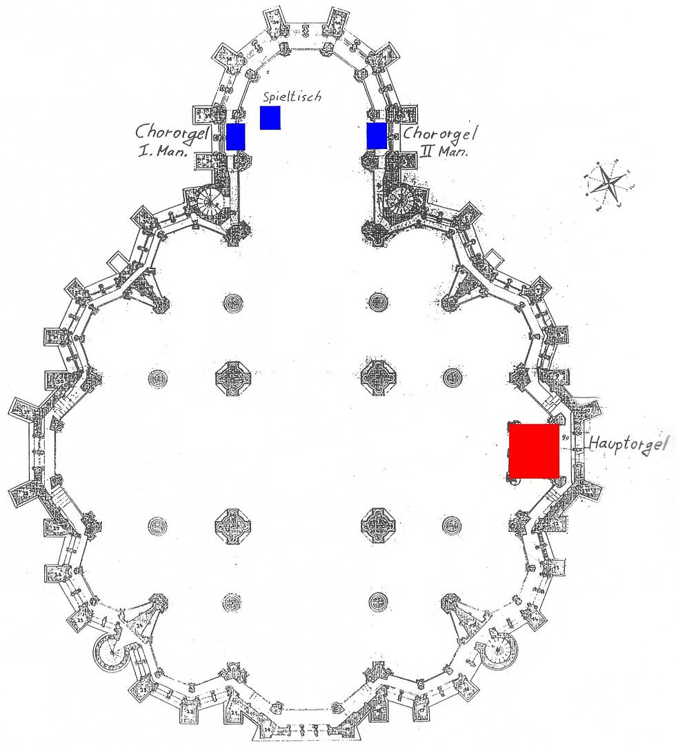 Grundriss-Skizze Liebfrauen - Positionen der Orgel(n) von Klais