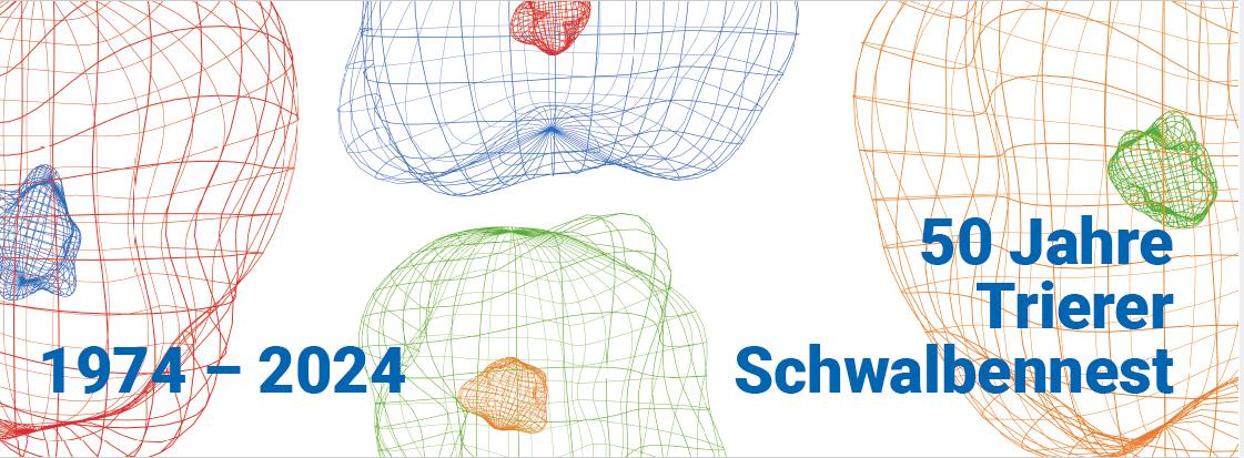 Zu sehen sind farbige Gitternetzlinien wie Blasen. Dazu der Text '50 Jahre Trierer Schwalbennest. 1974 - 2024'