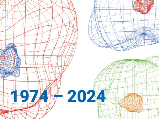 Zu sehen sind farbige Gitternetzlinien wie Blasen. Dazu der Text '50 Jahre Trierer Schwalbennest. 1974 - 2024'