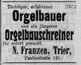 Inserat Orgelbau Franzen (Zeitschrift-f-Instrumentenbau-Bd-31-Leipzig-1911)